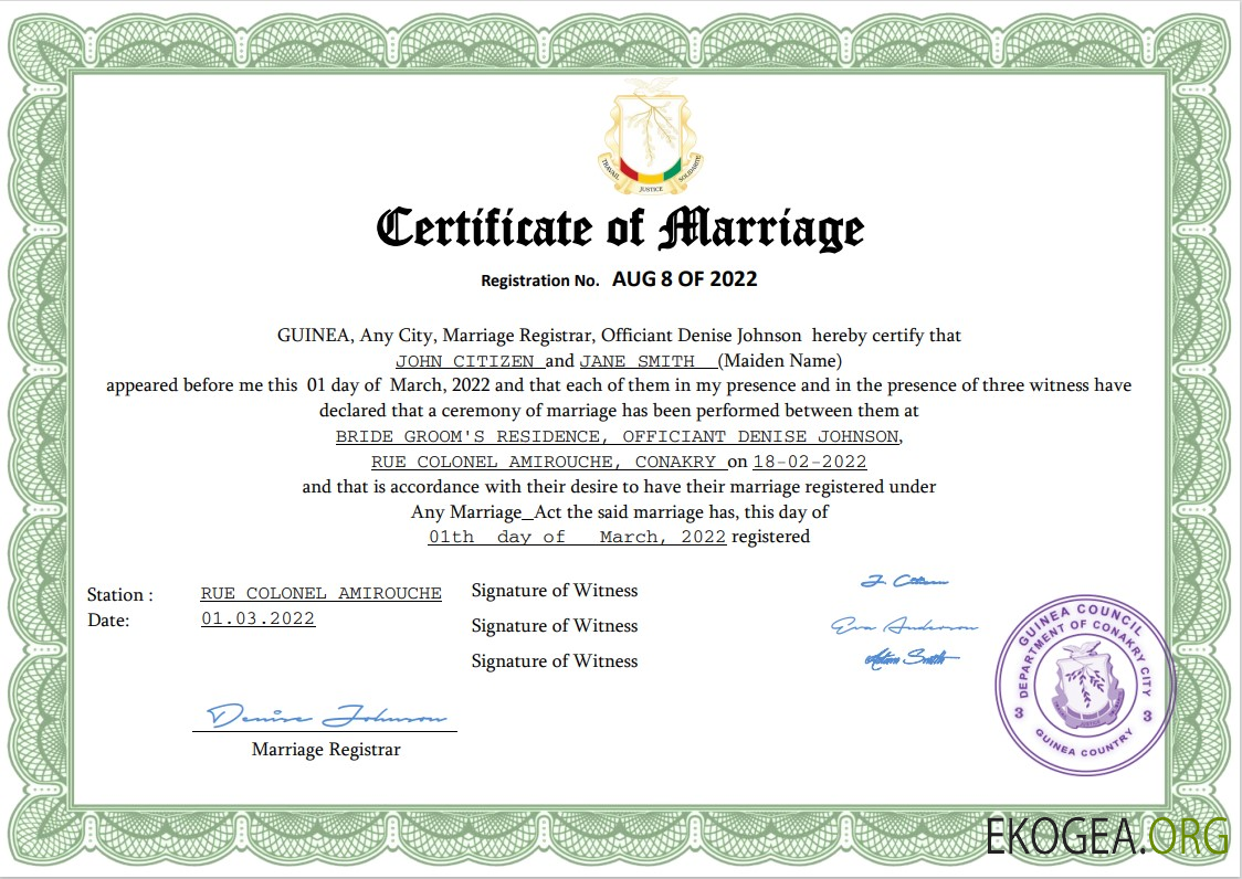 Acte de mariage en Guinée template